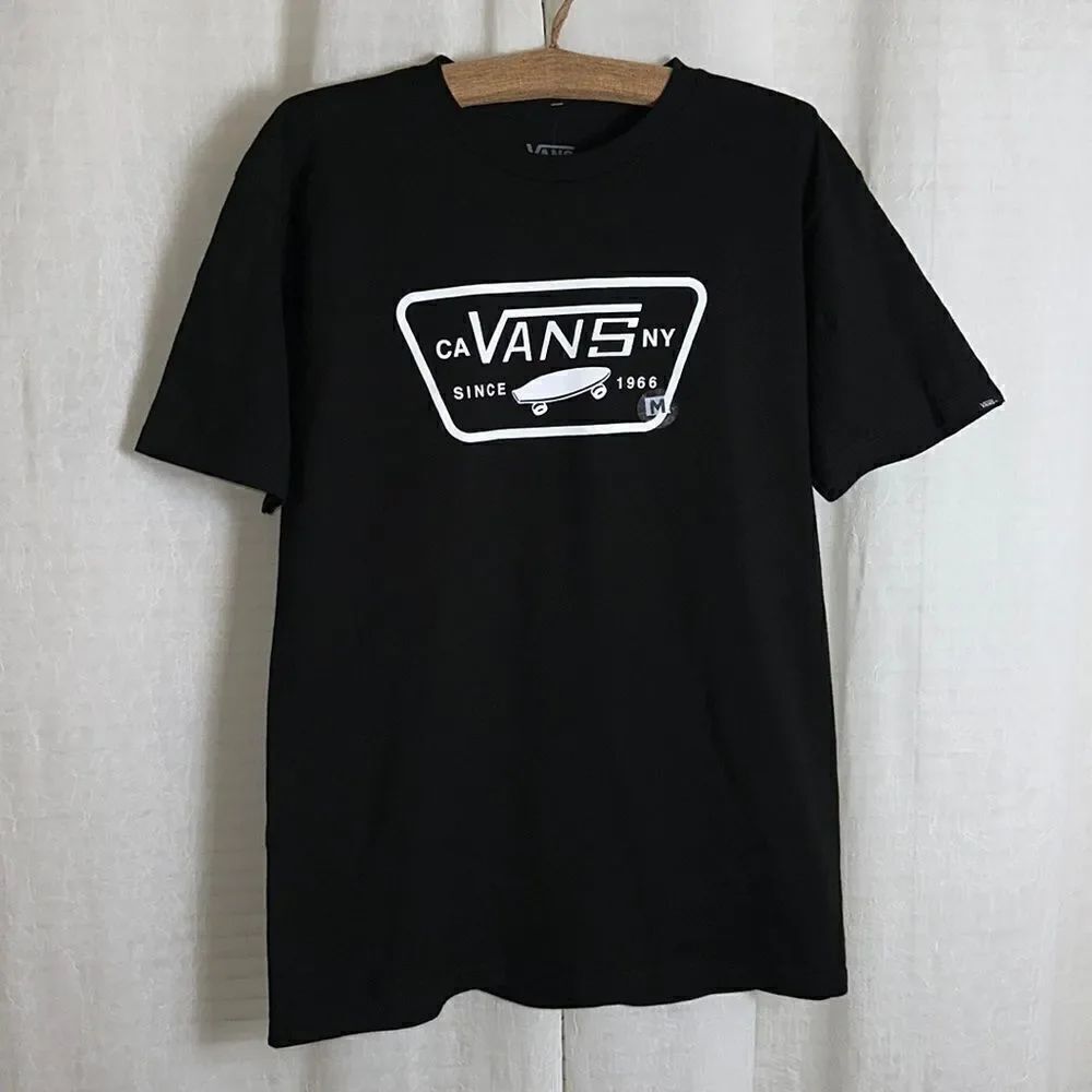 VANS M Black White Patch Logo CA VANS NY Cotton Crewneck Short Sleeve Tee